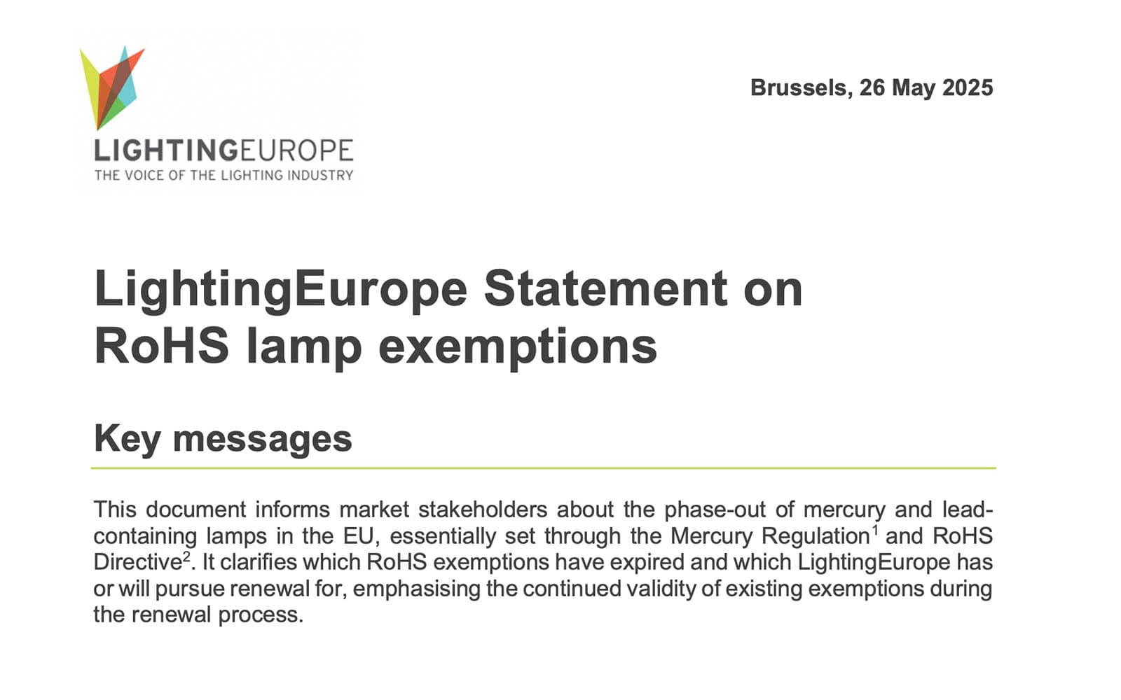 LightingEurope Statement on RoHS Lamp Exemptions