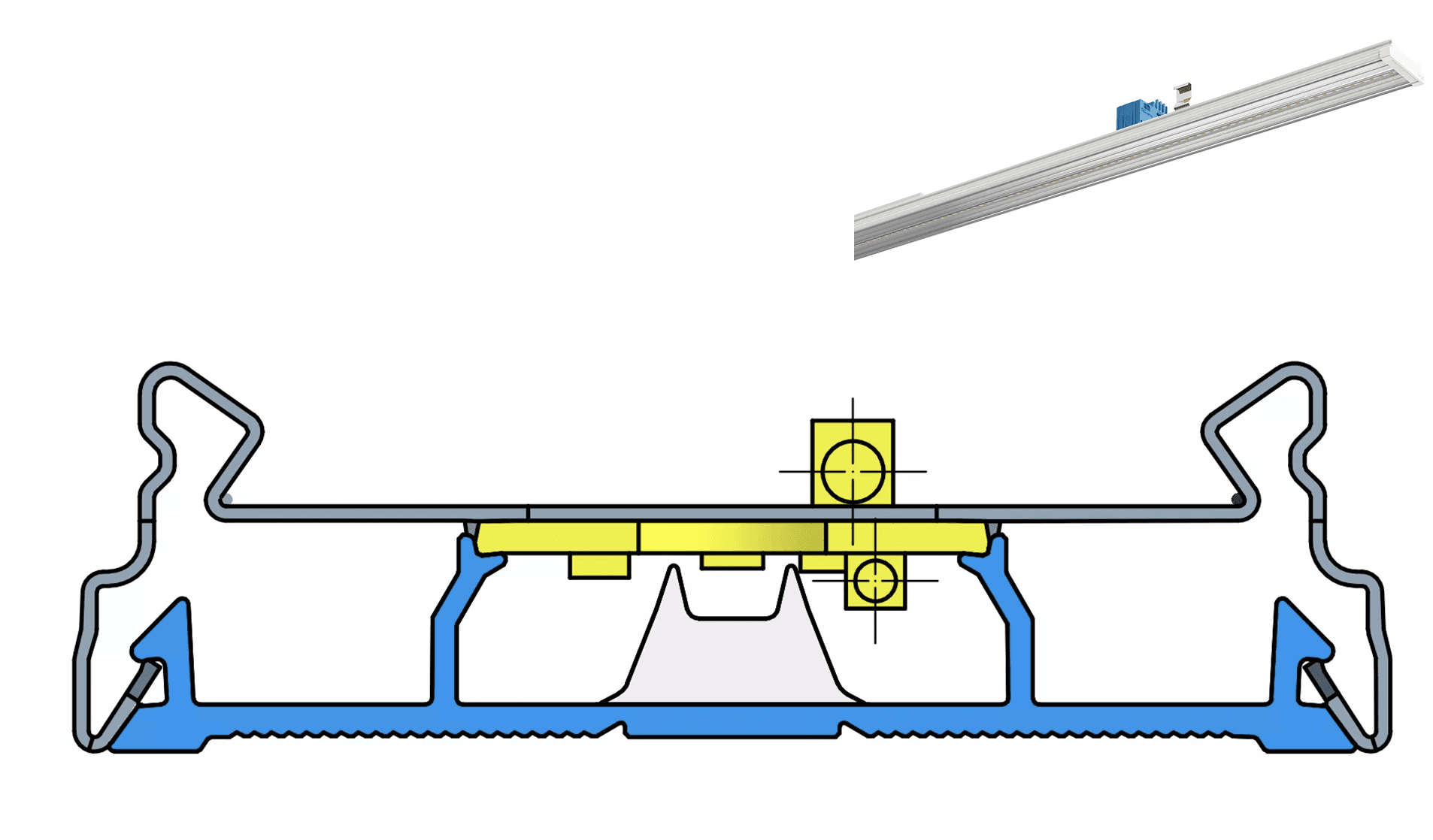 Cross-sectional drawing of the luminaire profile: The centrally positioned TIR lens (light gray) consists entirely of PLEXIGLAS® proTerra M5. The profile base, the crosspieces and the lateral snap-in hooks contain additional PLEXIGLAS® Resist with…