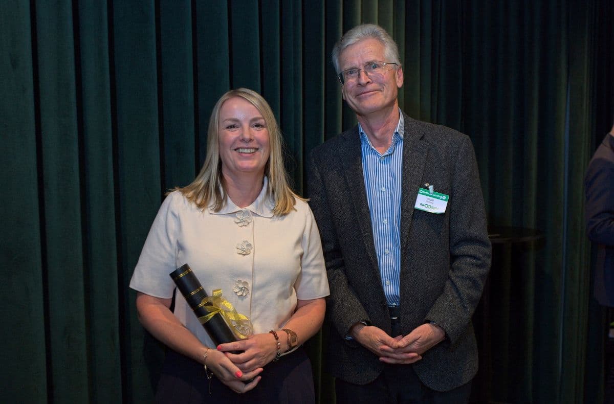 Collecting the award at Circular Lighting Live in London: Jennifer Campbell (Group Sustainability Manager at TRILUX)1, pictured here with Nigel Harvey (Chief Executive at Recolight)