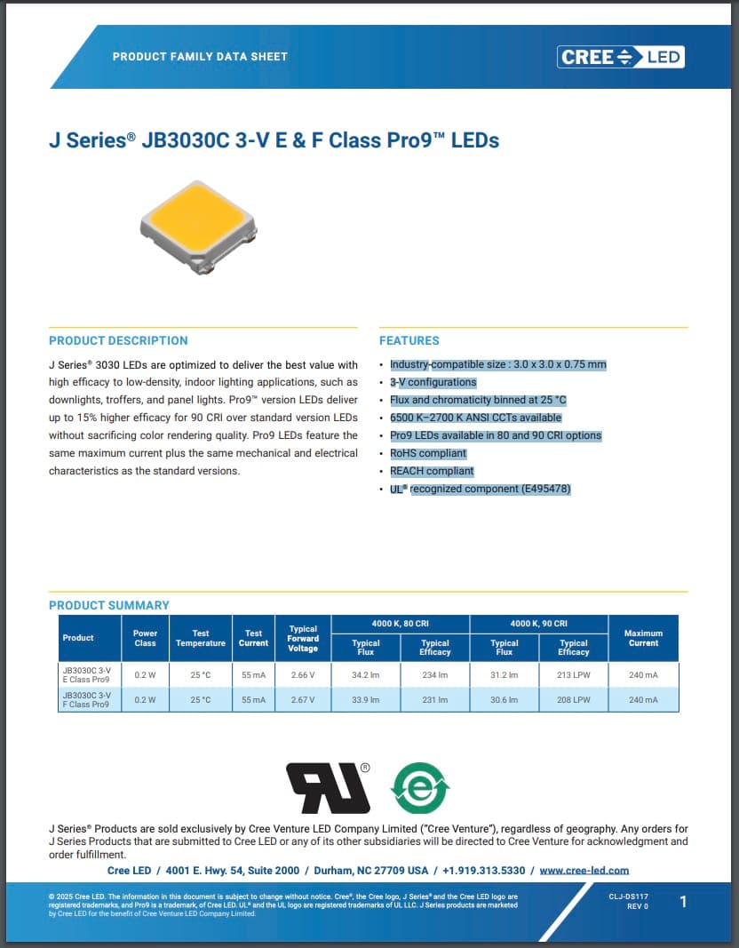 Upgrade with J Series® JB3030C 3V E Class Pro9™ White LEDs