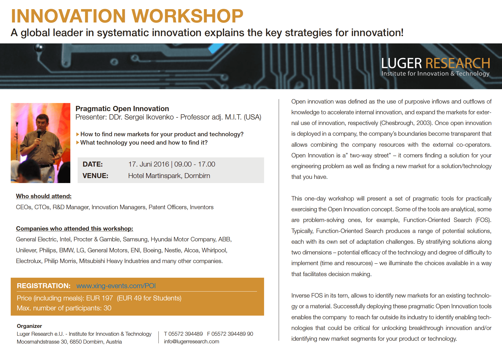 Luger Research Organizes a One-Day Innovation Workshop with Prof. DDr. Sergei Ikovenko (M.I.T. USA) in Dornbirn, Austria