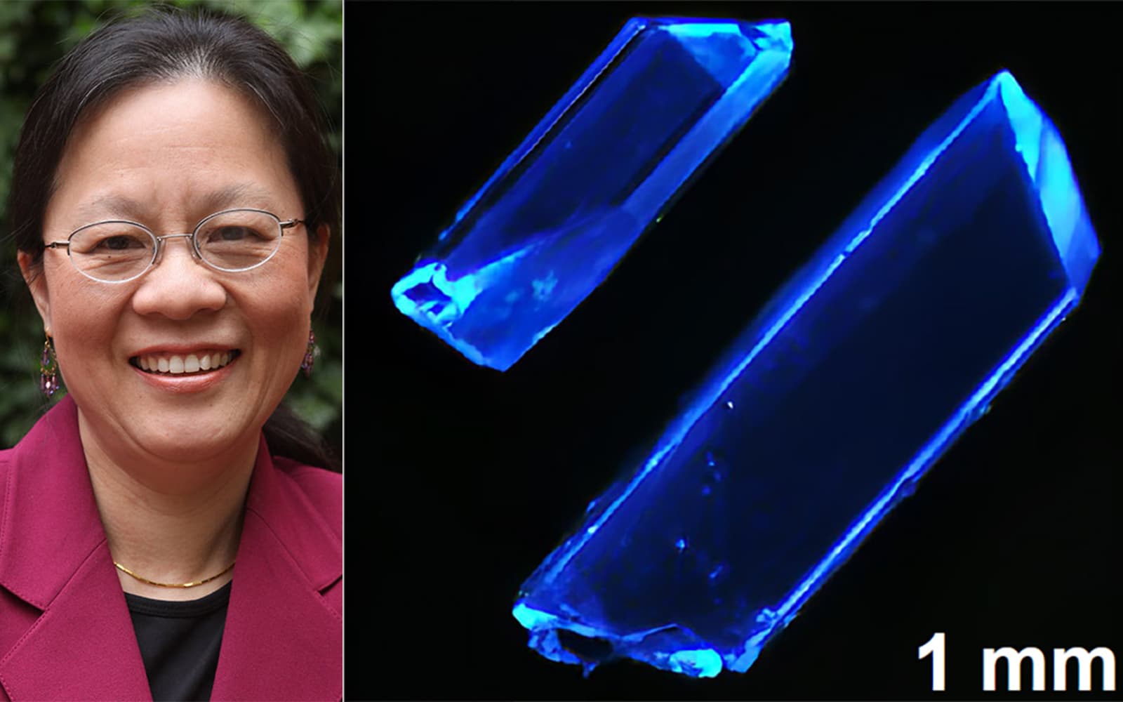 Distinguished Professor Jing Li led the research (left). Hybrid copper iodide crystals emitting deep-blue light are being developed by scientists in a Rutgers laboratory (right).