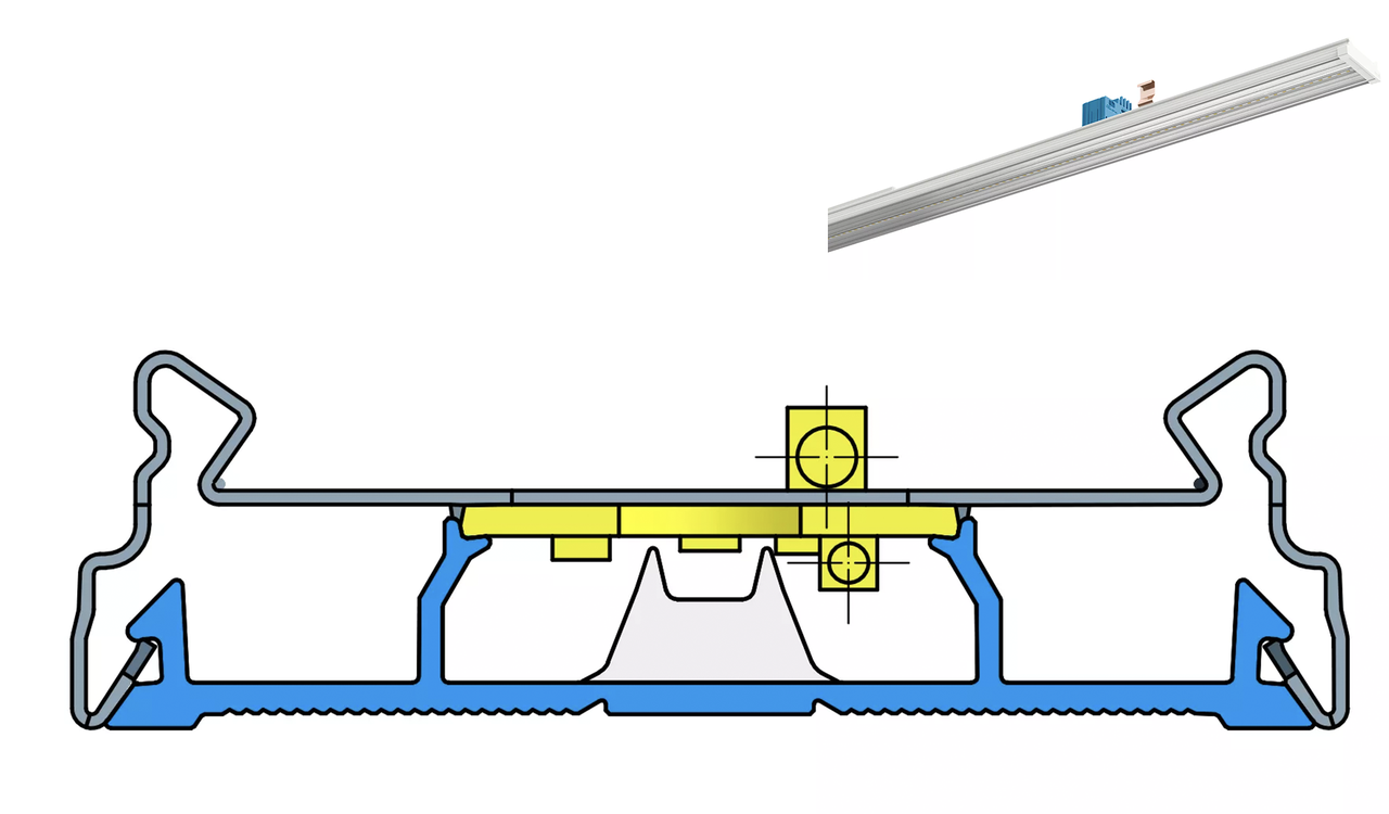 Cross-sectional drawing of the luminaire profile: The centrally positioned TIR lens (light gray) consists entirely of PLEXIGLAS® proTerra M5. The profile base, the crosspieces and the lateral snap-in hooks contain additional PLEXIGLAS® Resist with a higher impact resistance, as these areas are subjected to higher mechanical stresses.