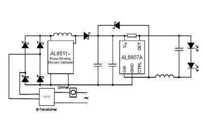 Simplified schematic for an electronic transformer compatible MR16 lamp using the new AL8811 DC-DC converter IC