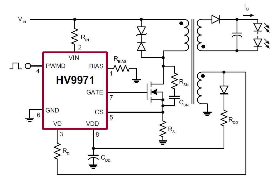 A typical application circuit with the HV9971 needs just a low number of external components