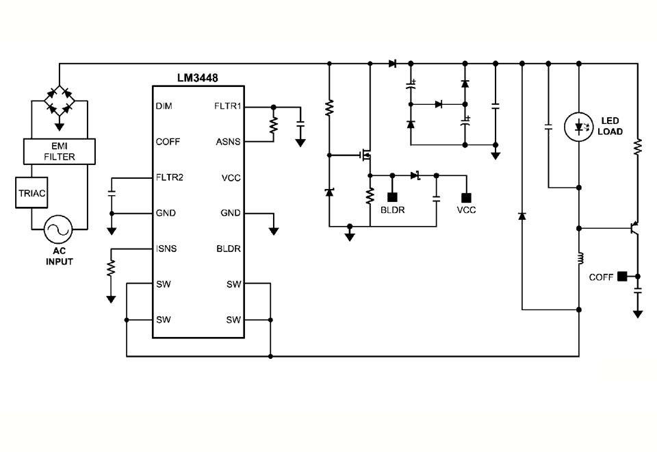 Typical application circuit of the LM3448 that is designed to reducing design complexity while improving LED driver efficiency