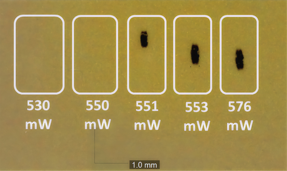 Figure 7: Burning marks on silicone encapsulated phosphors over glass substrate when excited by a too high laser irradiance [I]