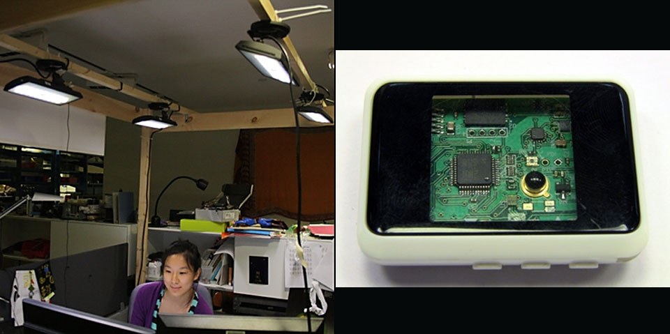 Visiting student Nan Zhao works in the test setup at the Media Lab under four LED fixtures controlled by the prototype adaptive system (left). The currently used device that incorporates sensors and controls is not much bigger than a credit card (right). Photo courtesy of Matt Aldrich