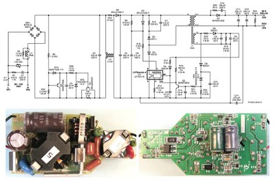 Power Integration DER350 schematic (top) and the populated circuit board photograph (left: Top View; right: Bottom View)