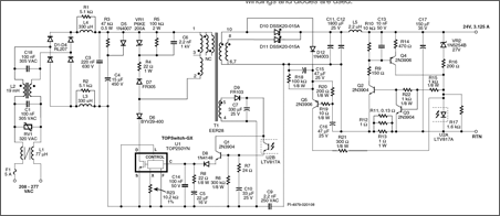 Schematic of 75 W Single Stage LED Driver Power Supply With PFC, Using a TOP250YN Device