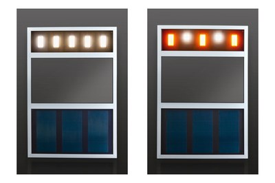 Demonstrators of the façade module with TABOLA® OLED modules of Fraunhofer COMEDD at the top part of the demonstrator (white on the left, white and orange on the right) and OPV-modules at the lower area