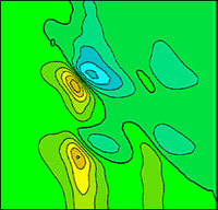 What do you see in these Rorschach-blot-like images? JILA physicists see the once-hidden electronic behavior of semiconductors. The computer plots show how energy intensity (ranging from low in blue to high in red) varies as electronic structures called excitons absorb laser light and emit energy at various frequencies. The pair of similar "butterflies" indicates that an exciton is absorbing and emitting energy in a predictable pattern.