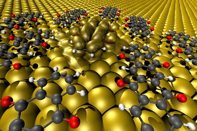 Upon contact between the oxygen atoms protruding from the backbone and the metal, the molecules' internal structure changed in such a way that they lost their semiconducting properties and instead adopted the metallic properties of the surface. (Visualisation: Georg Heimel /HU Berlin)